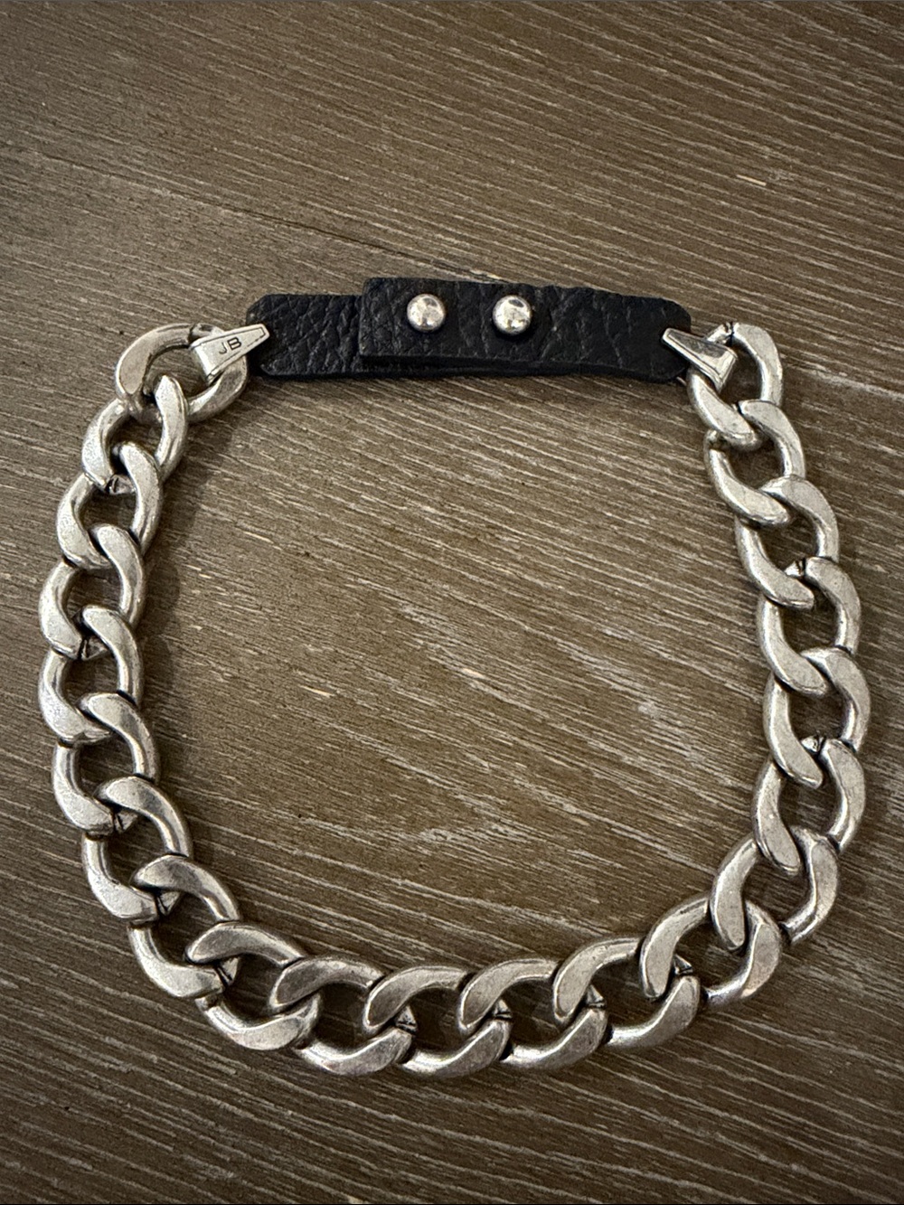 JB Silver Chain CHOKER necklace with Black Leather UNISEX